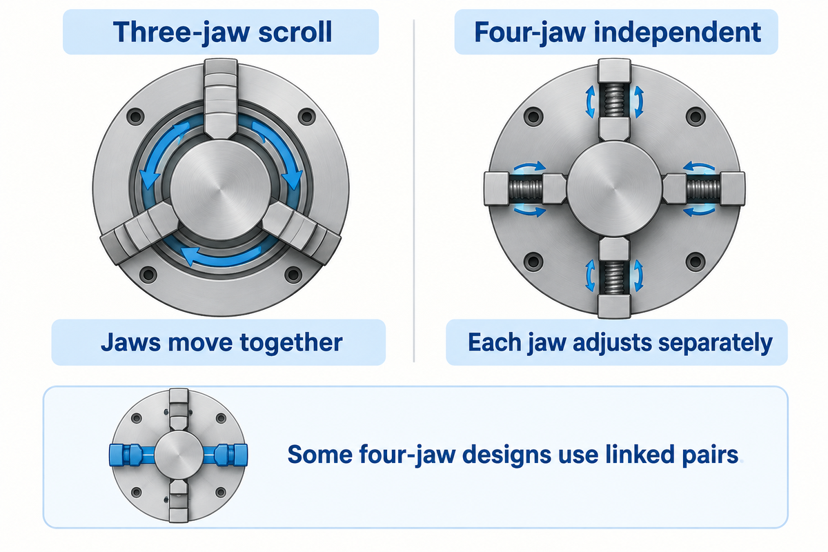 Scroll jaws move together; independent jaws adjust separately, with paired-jaw exceptions (Open Oregon; Team case).