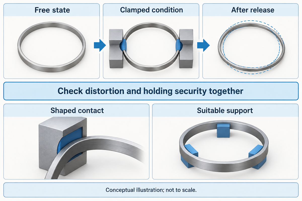 Compare free, clamped and released shape; thin-wall clamping can cause springback (Leibniz University Hannover).