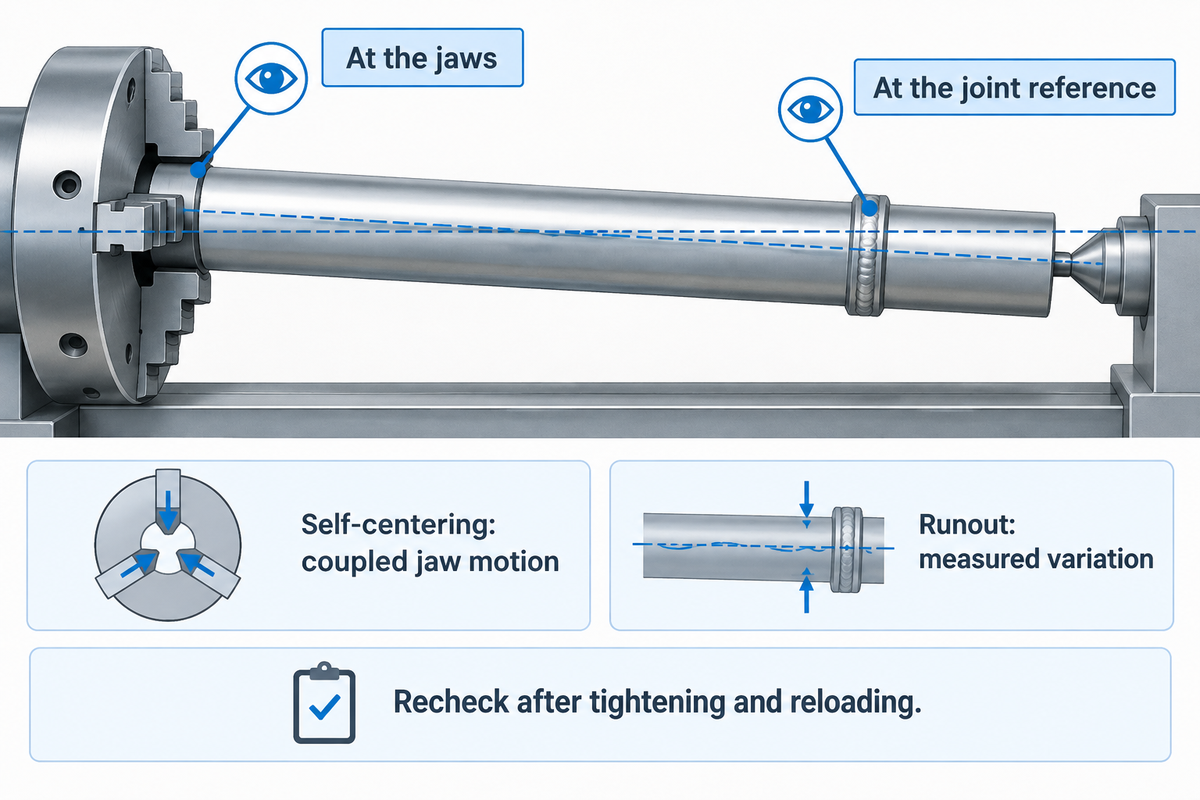Centering at the jaws does not establish joint alignment; check relevant locations and recheck (OpenWA).