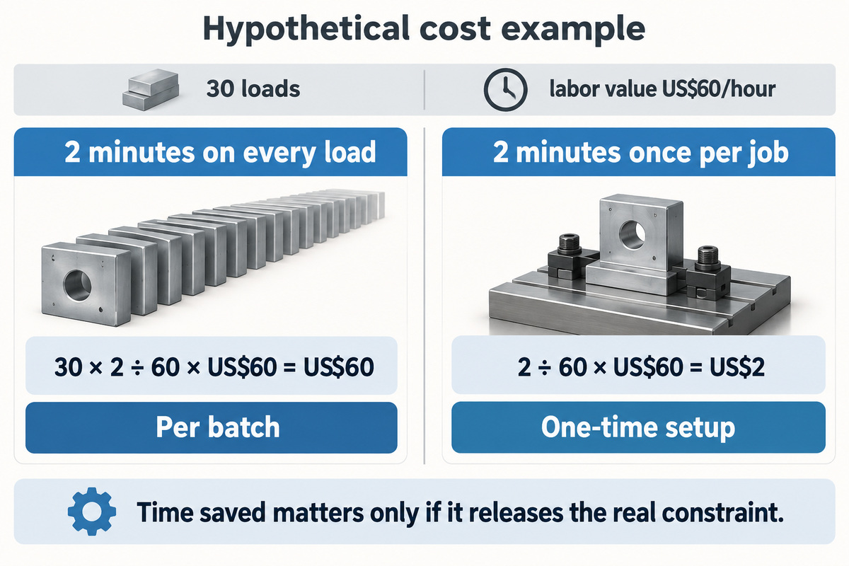 Hypothetical 30 loads at 2 extra minutes and US$60/hour cost US$60; one 2-minute setup costs US$2.