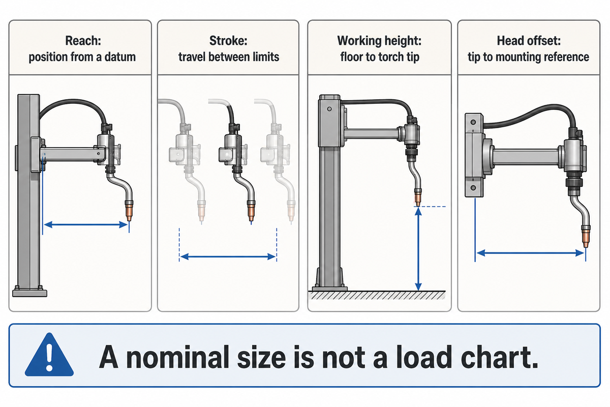 Reach is a position; stroke is travel; working height uses the floor datum. Based on KOIKE sizing guidance.