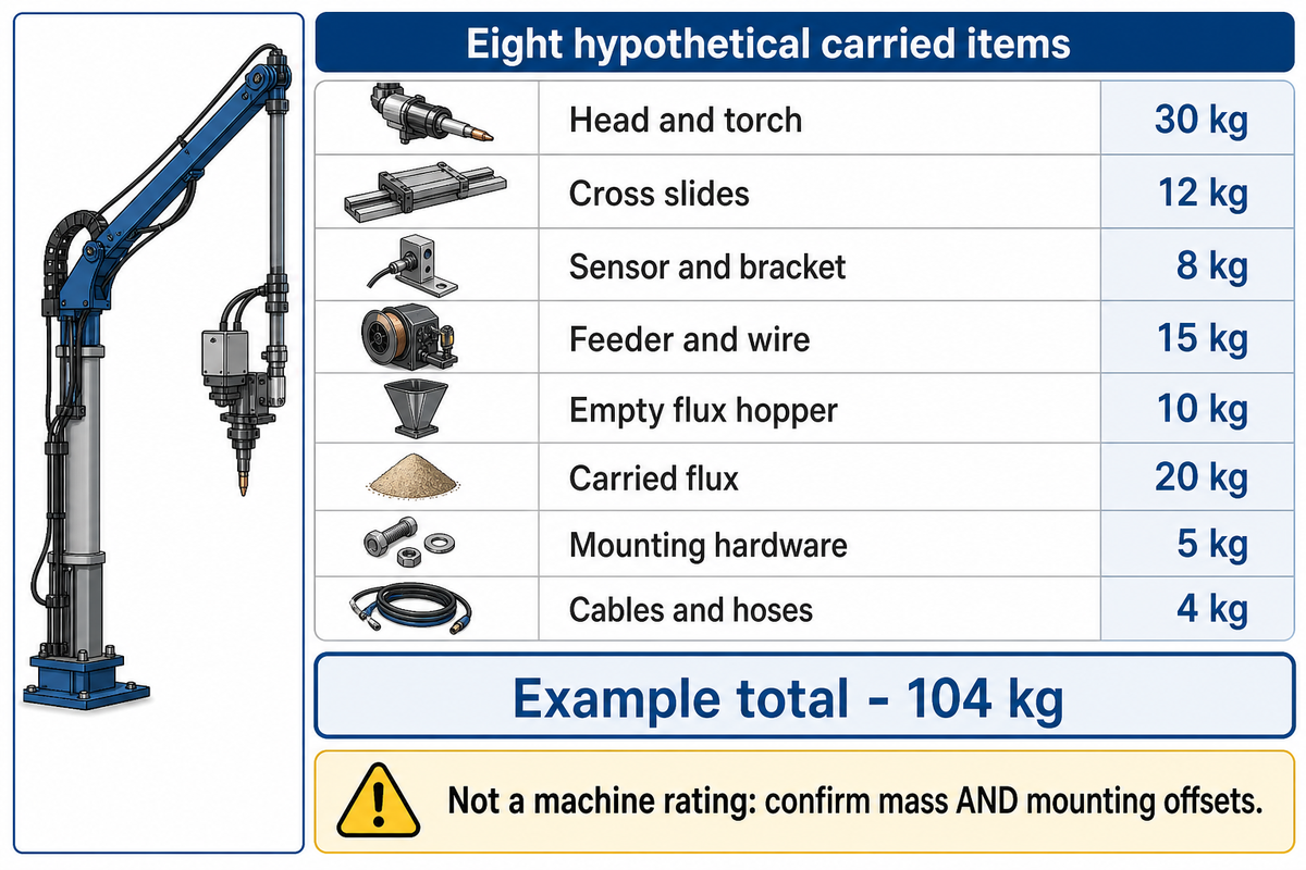 Eight hypothetical attachments total 104 kg; this is an inventory, not an approved payload. KOIKE-based method.