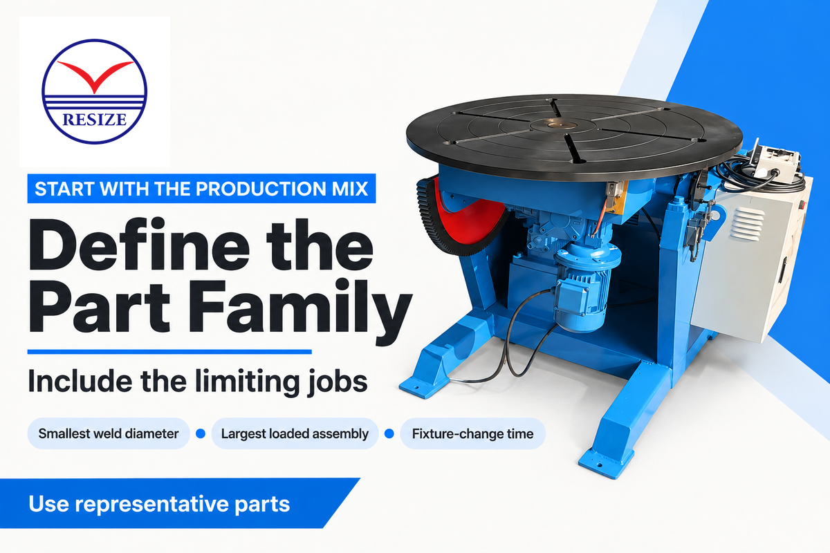 Define smallest weld diameter, largest loaded assembly and fixture-change time for each part family.
