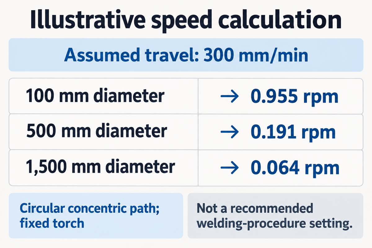 At an assumed 300 mm/min, circular weld diameters of 100, 500 and 1,500 mm require 0.955, 0.191 and 0.064 rpm.