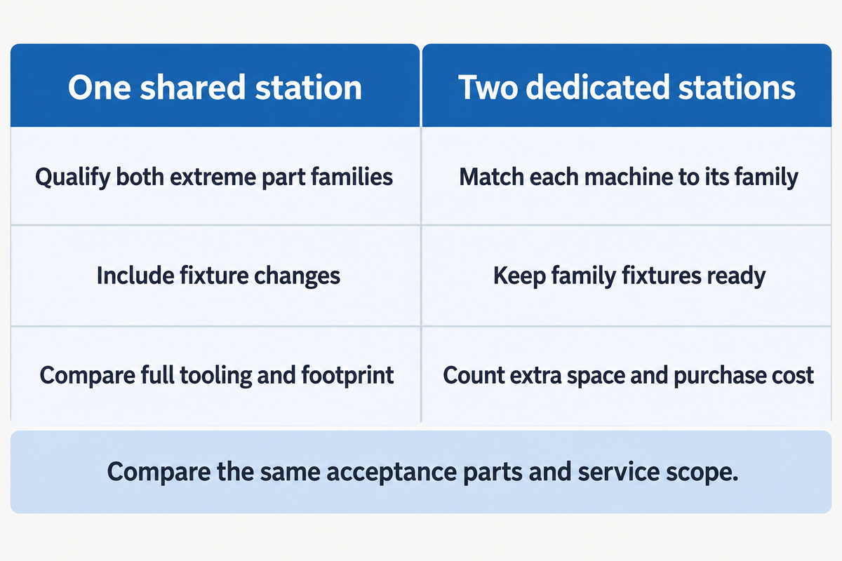 A shared station adds fixture changes; dedicated stations add floor space and cost. Compare the same acceptance parts.