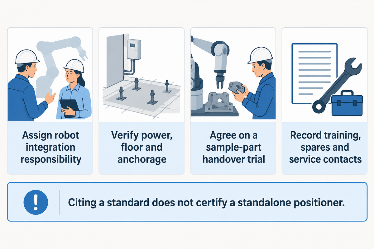 Assign integration, verify installation, agree on sample-part trials and record service responsibilities; citation is not certification.