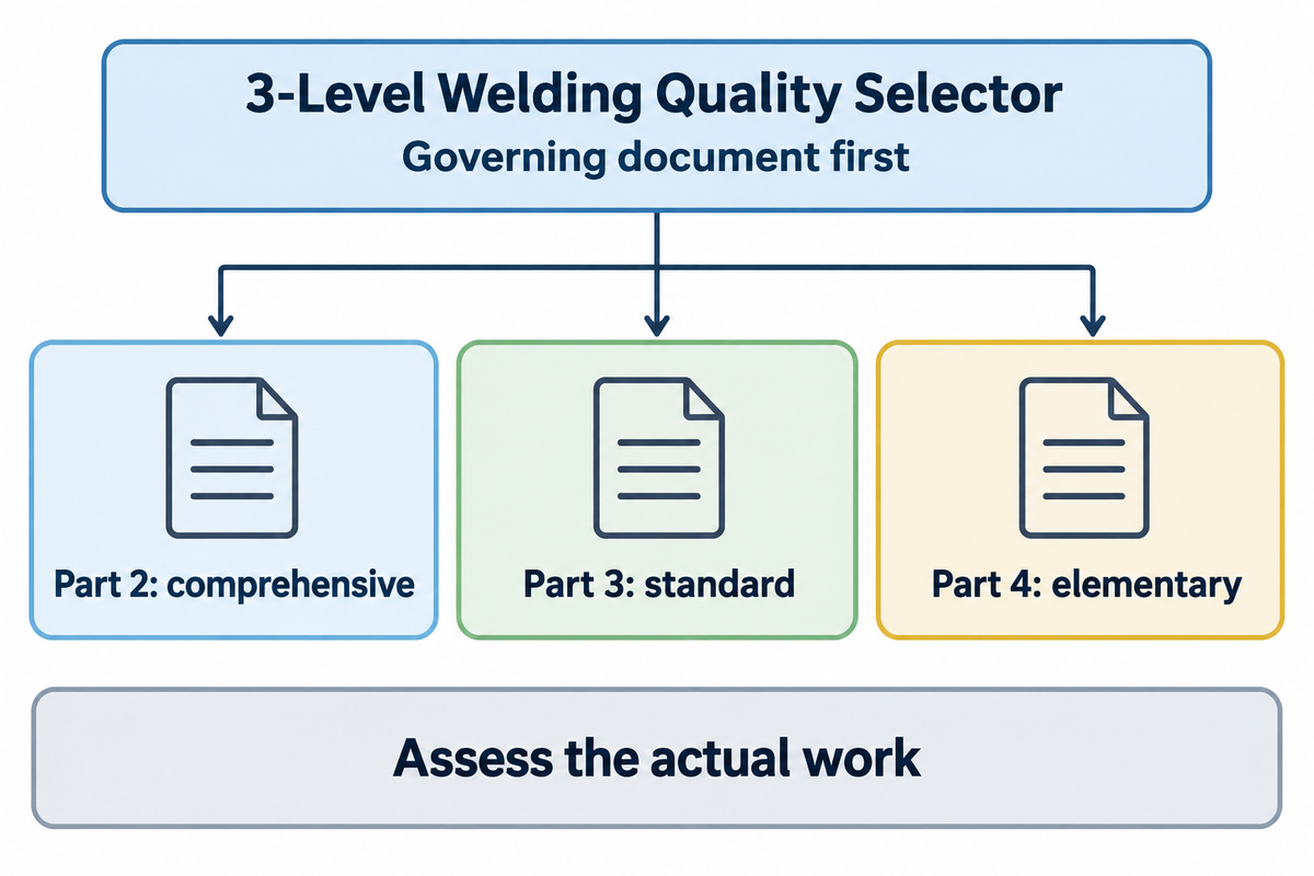 ISO 3834 quality levels are selected from governing requirements and the actual work, not sector labels.