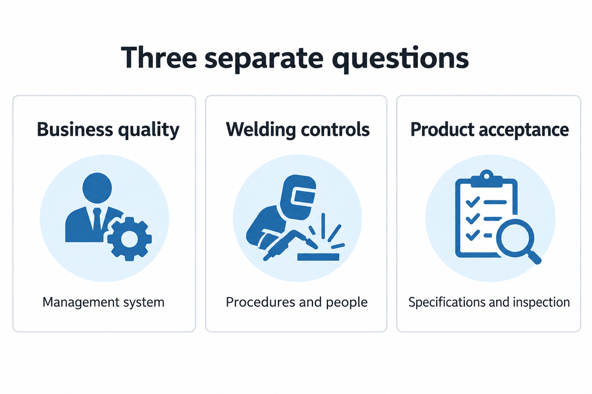 Business quality, welding controls and product acceptance require different evidence.