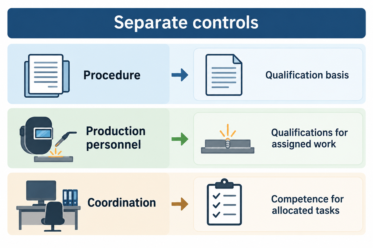 Procedure qualification, personnel qualification and coordination competence are separate controls.