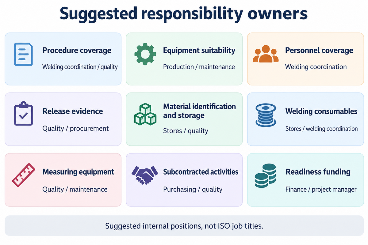 Nine welding-quality control categories with suggested internal evidence owners.