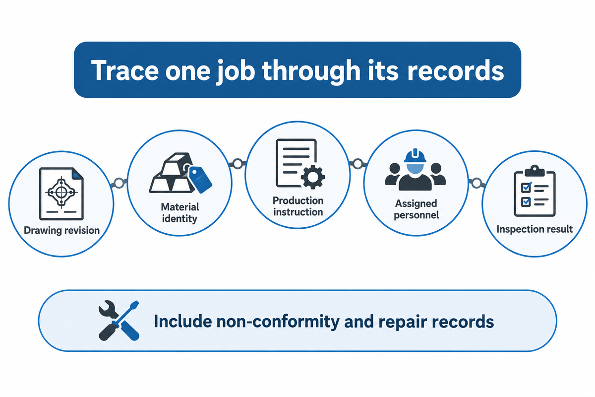 A traceability chain connects drawing, material, instruction, personnel and inspection records for one job.