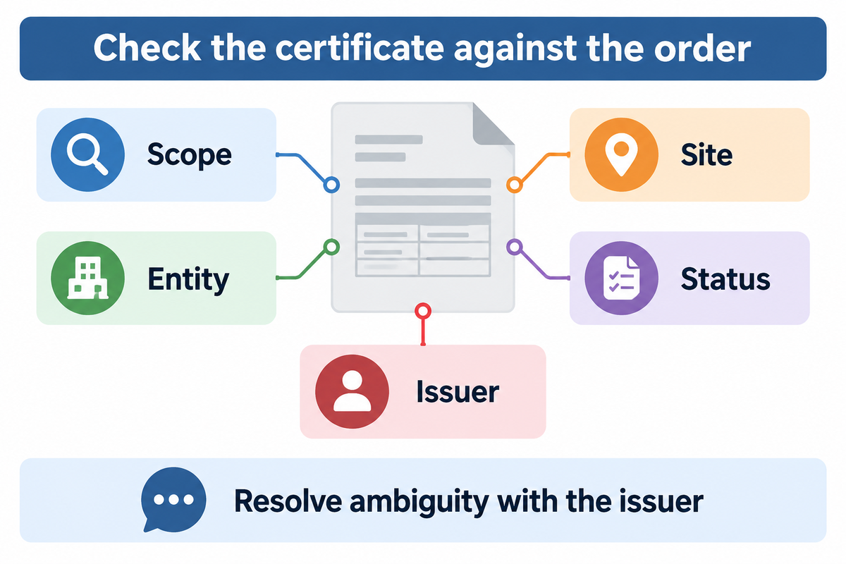 Buyers check scope, entity, site, status and issuer against the purchase order.