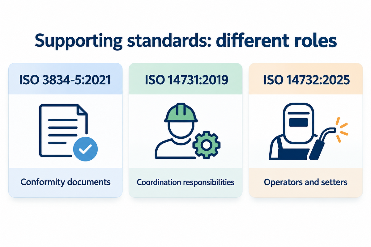 ISO 3834-5, ISO 14731 and ISO 14732 address conformity documents, coordination, and operator qualifications.