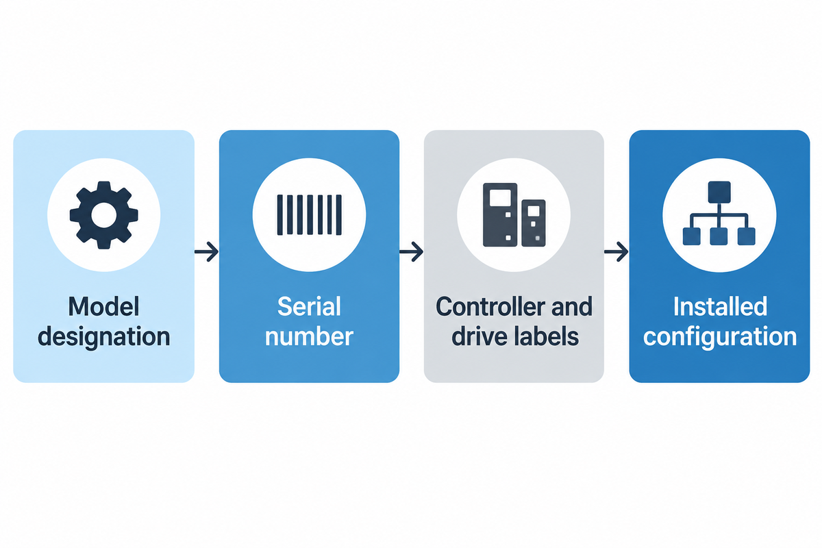 Identify the machine by model and serial number, then check installed controller and drive labels.