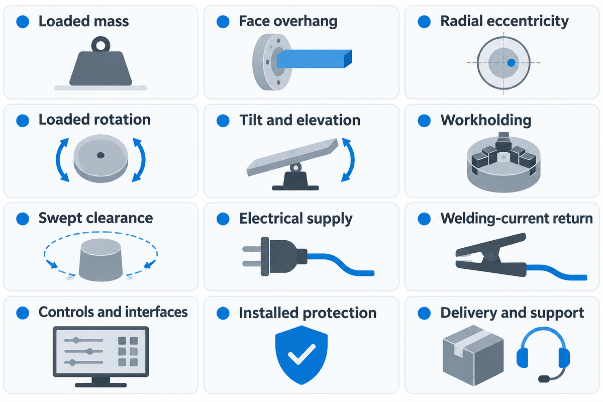 Twelve quote fields compare complete loaded geometry, movement, workholding, installation and delivered support.
