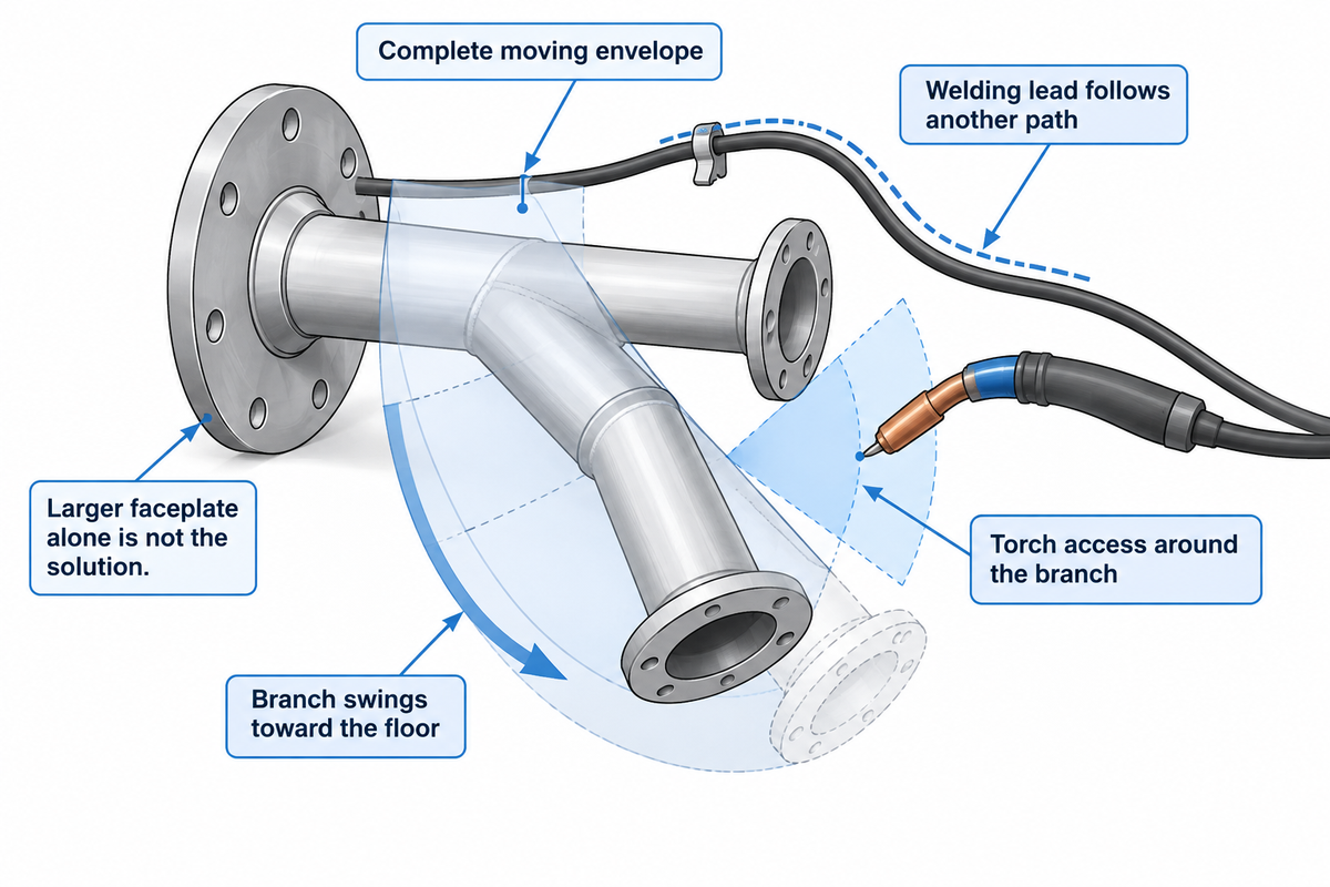 A branched pipe may fit the table yet lose floor, cable or torch clearance during tilt; assess the whole envelope.