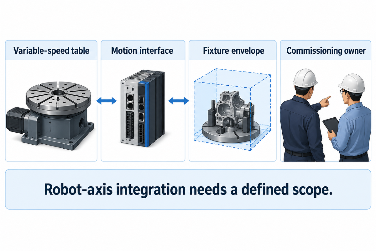 A variable-speed table is not automatically a robot axis; define motion interface, fixture envelope and commissioning.