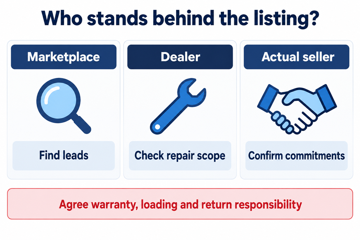 Marketplace, dealer and actual seller roles must be distinguished before agreeing warranty, loading and return responsibility.