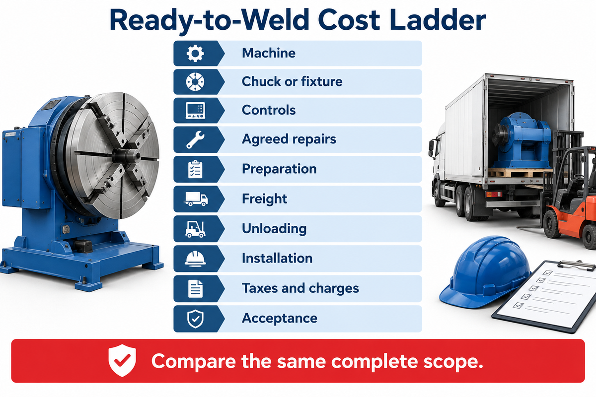 Ready-to-Weld Cost Ladder includes machine, tooling, controls, repairs, preparation, freight, unloading, installation, charges and acceptance.