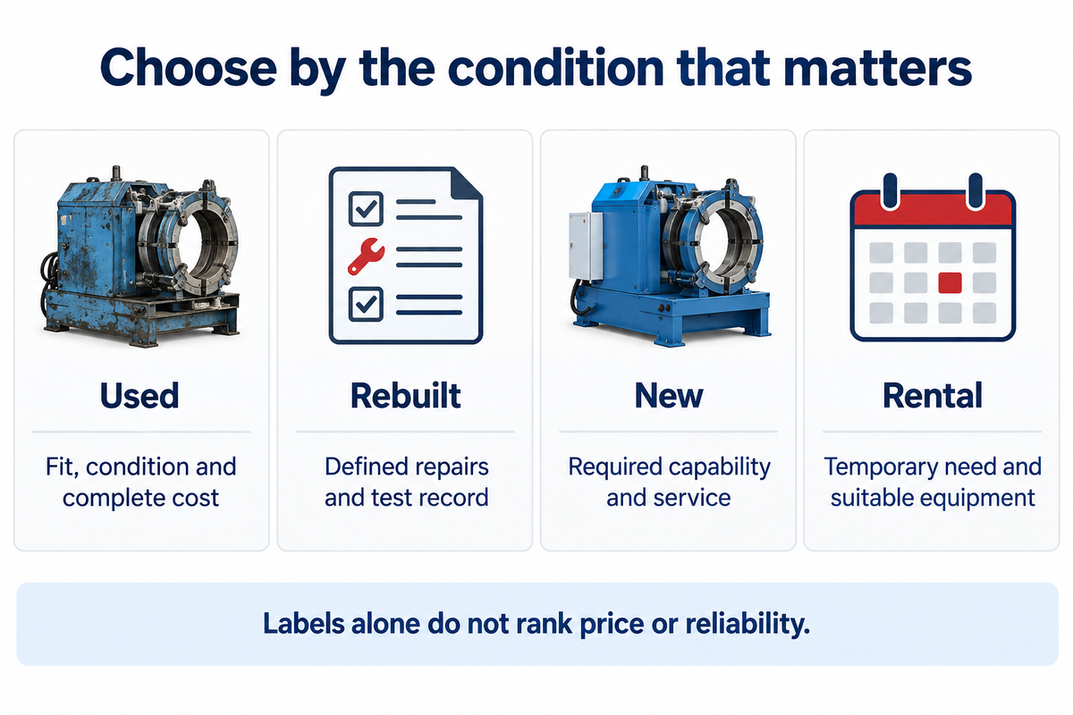 Compare used, rebuilt, new and rental positioners by condition, repair scope, required capability and temporary use.