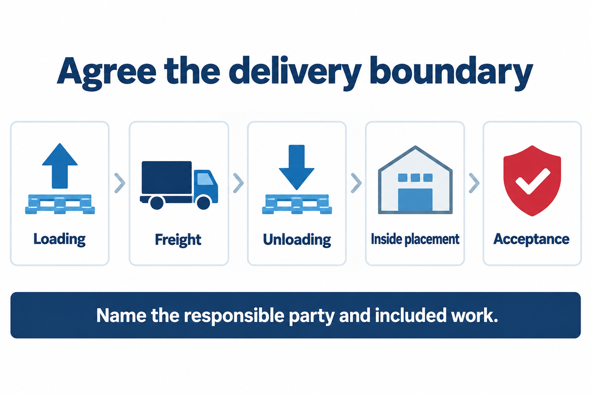 Agree separately who handles loading, freight, unloading, inside placement and acceptance.