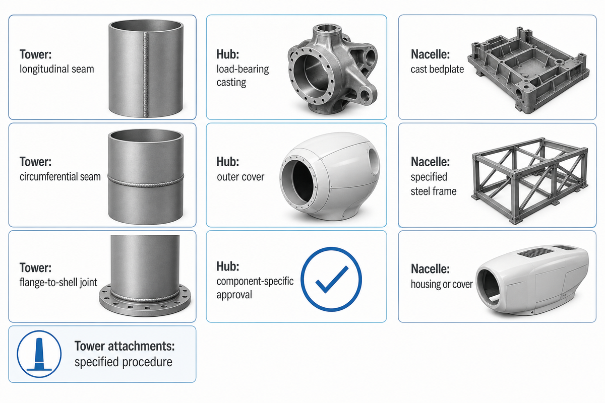 Tower seams, cast hub and cover, and nacelle components require separate material and approval decisions.
