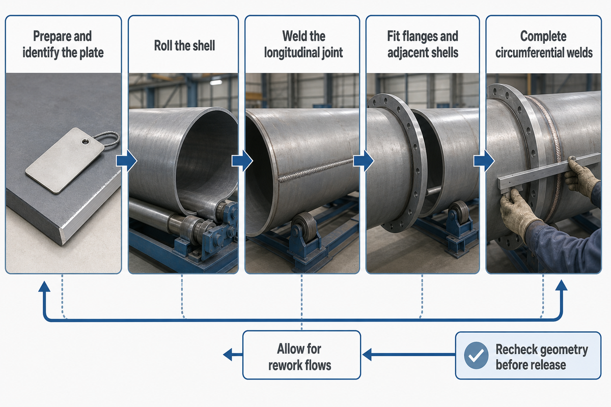 Five-stage steel tower fabrication route from identified plate to circumferential weld and geometry release.