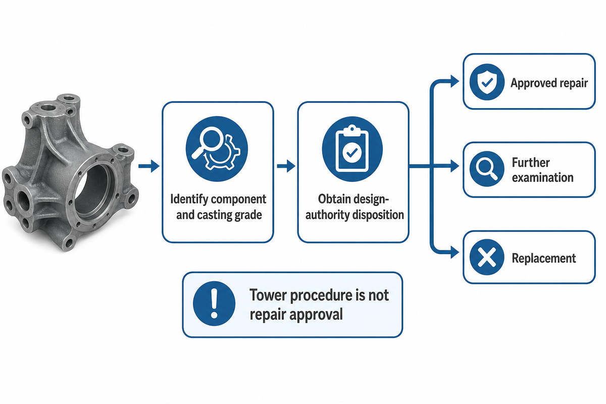 Cast hub screening requires material identity and design-authority disposition before any approved repair route.