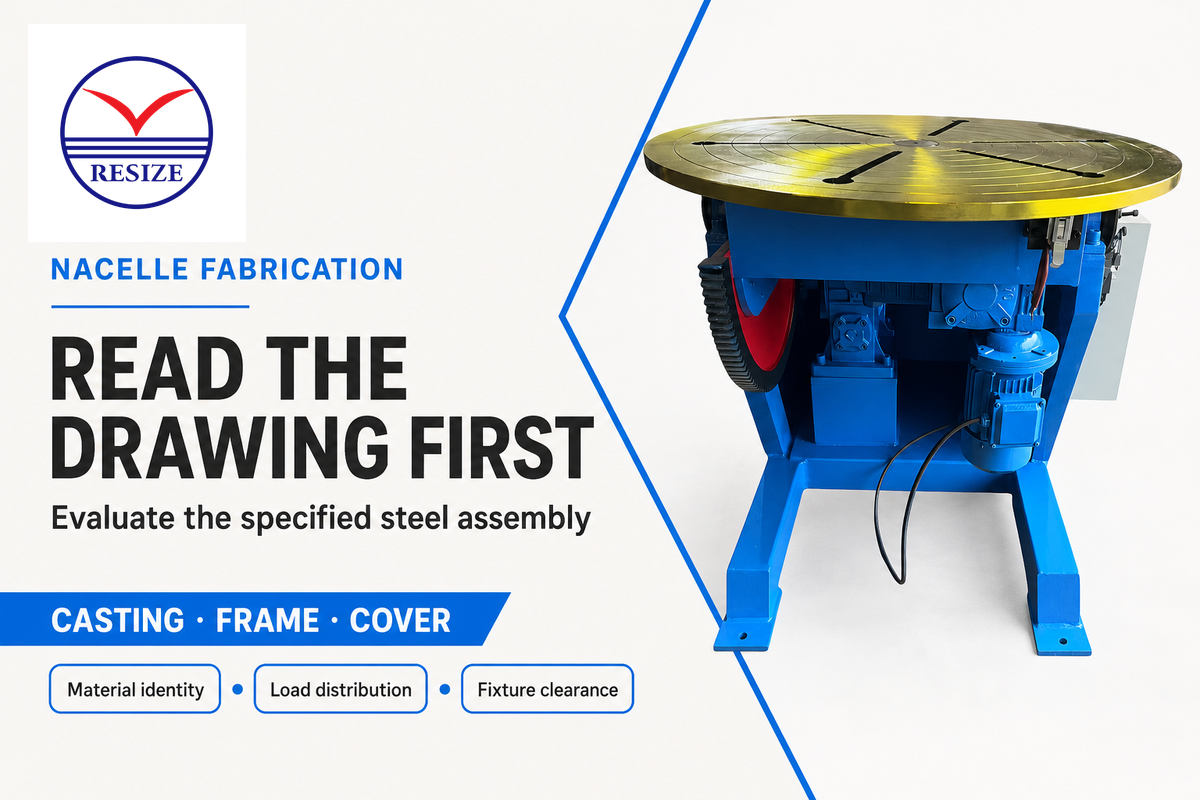 Welding positioner with prompts to check nacelle assembly material, load distribution and fixture clearance.