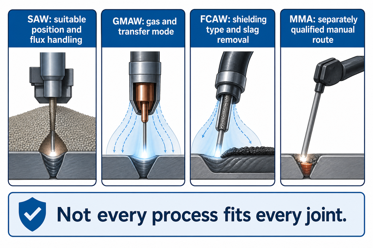 Submerged arc, gas metal arc, flux-cored arc and manual metal arc processes with their selection constraints.