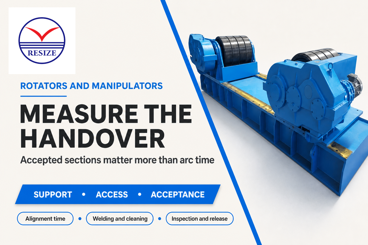 Tower welding rotator with alignment, welding, cleaning and release checkpoints for accepted output.