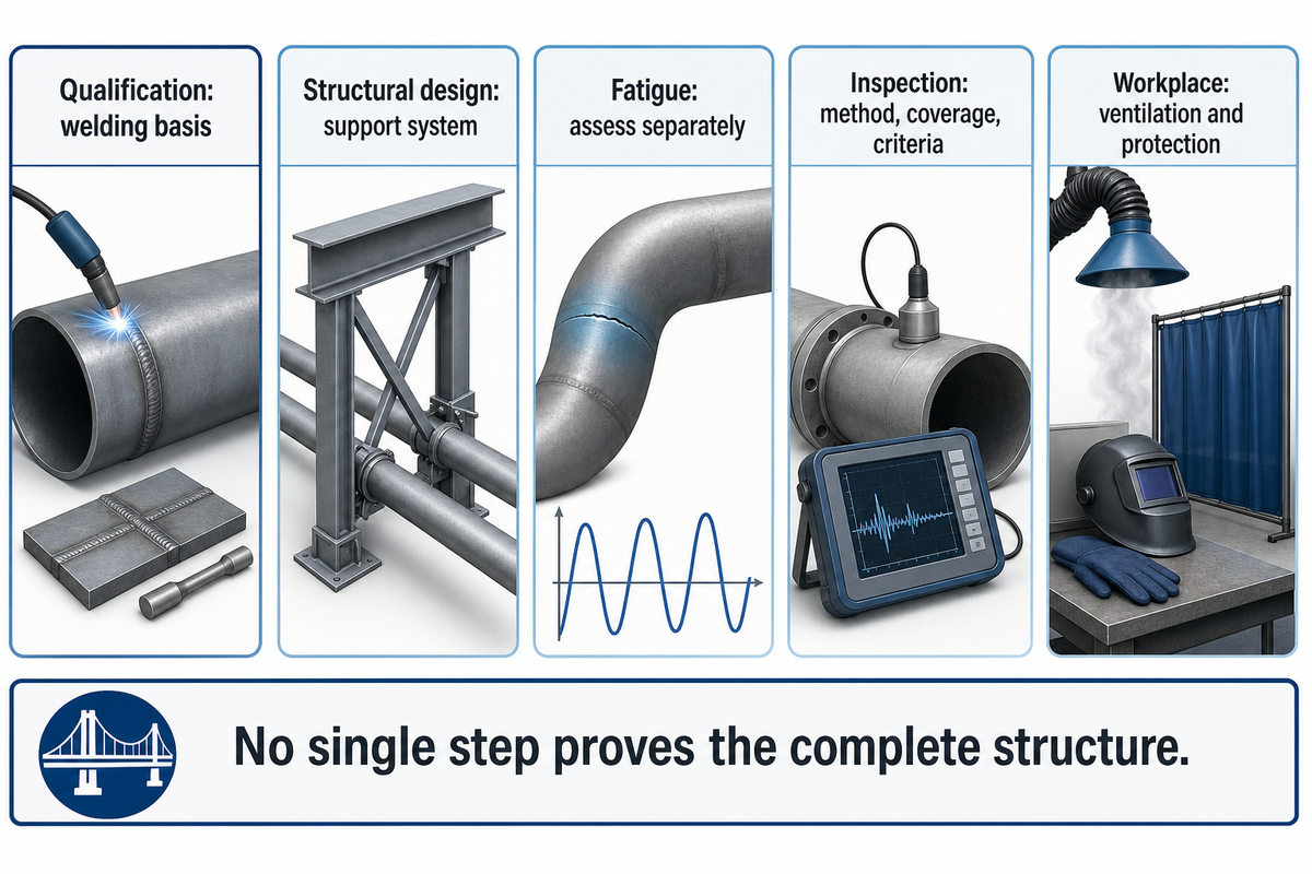 Separate evidence roles for welding qualification, structural design, fatigue, inspection and workplace controls.